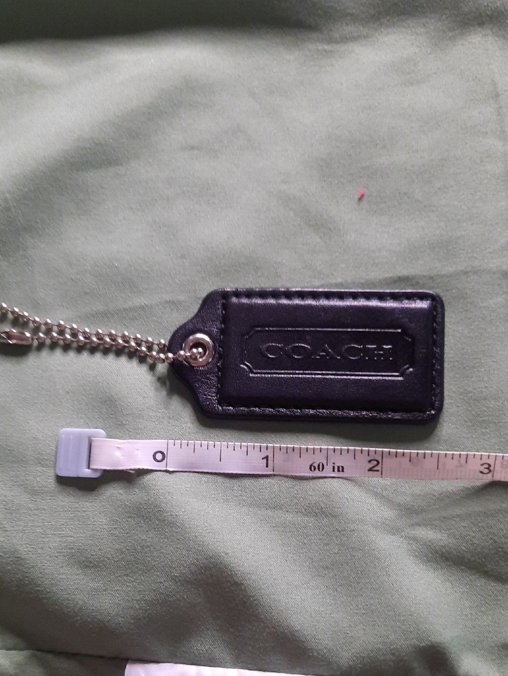 Coach Black Leather Logo Tag Keychain with Silver Ball Chain